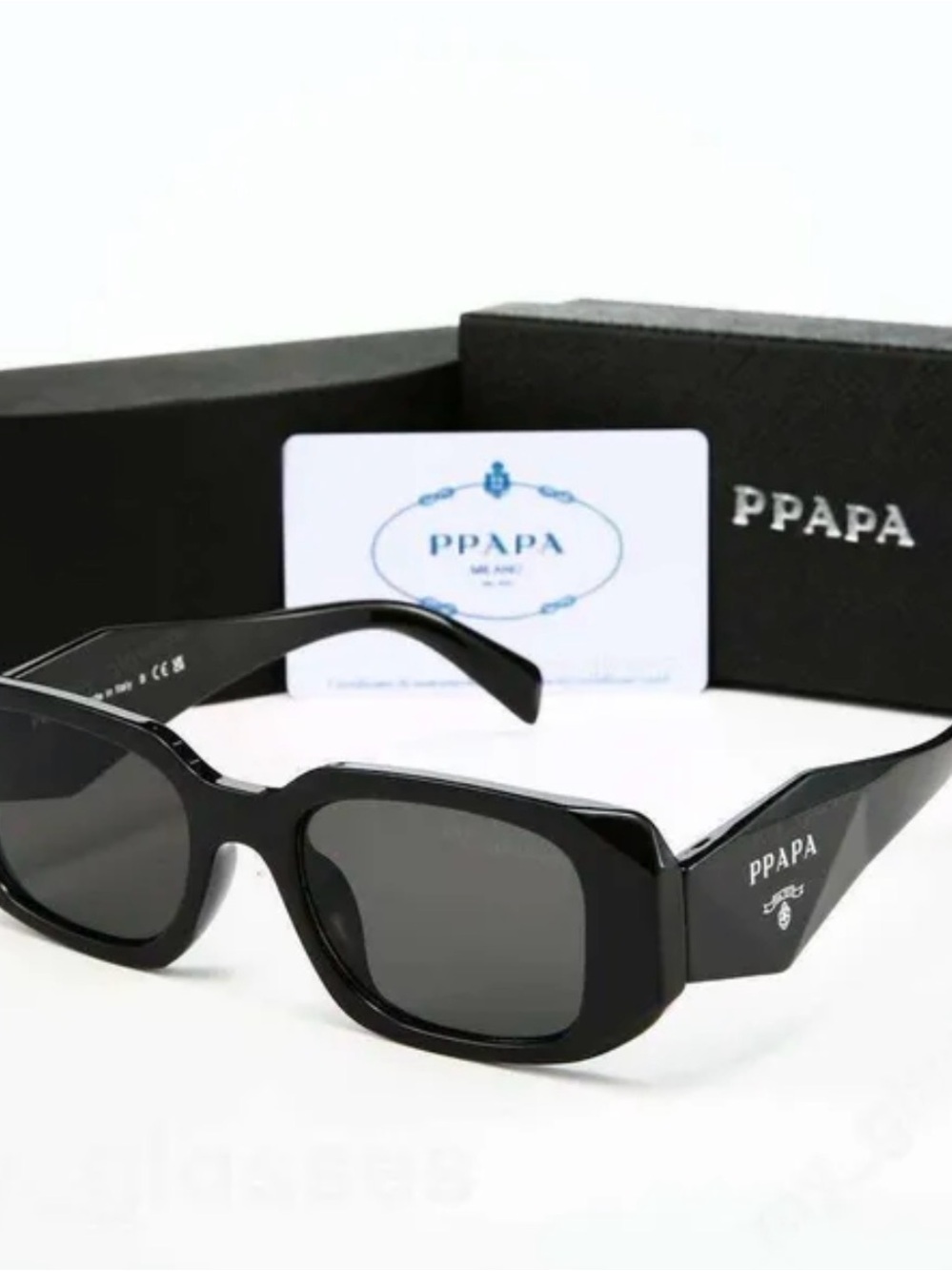 Prada Black High-Gloss Rectangular Logo Sunglasses